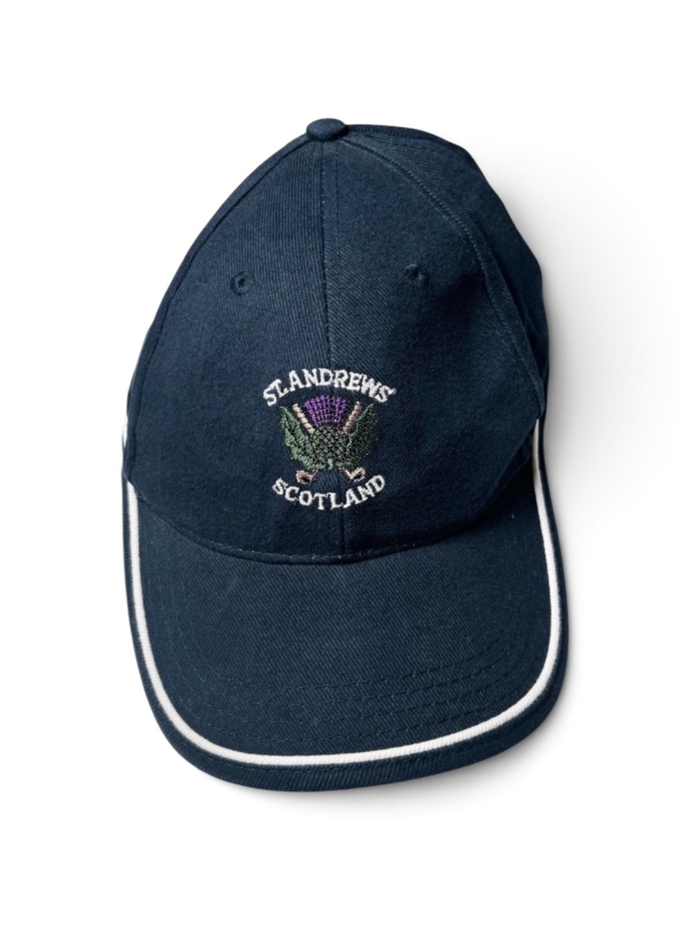 Vintage St Andrews Scotland Golf Hat Cap Navy Blue Thistle Emblem Sandwich Brim